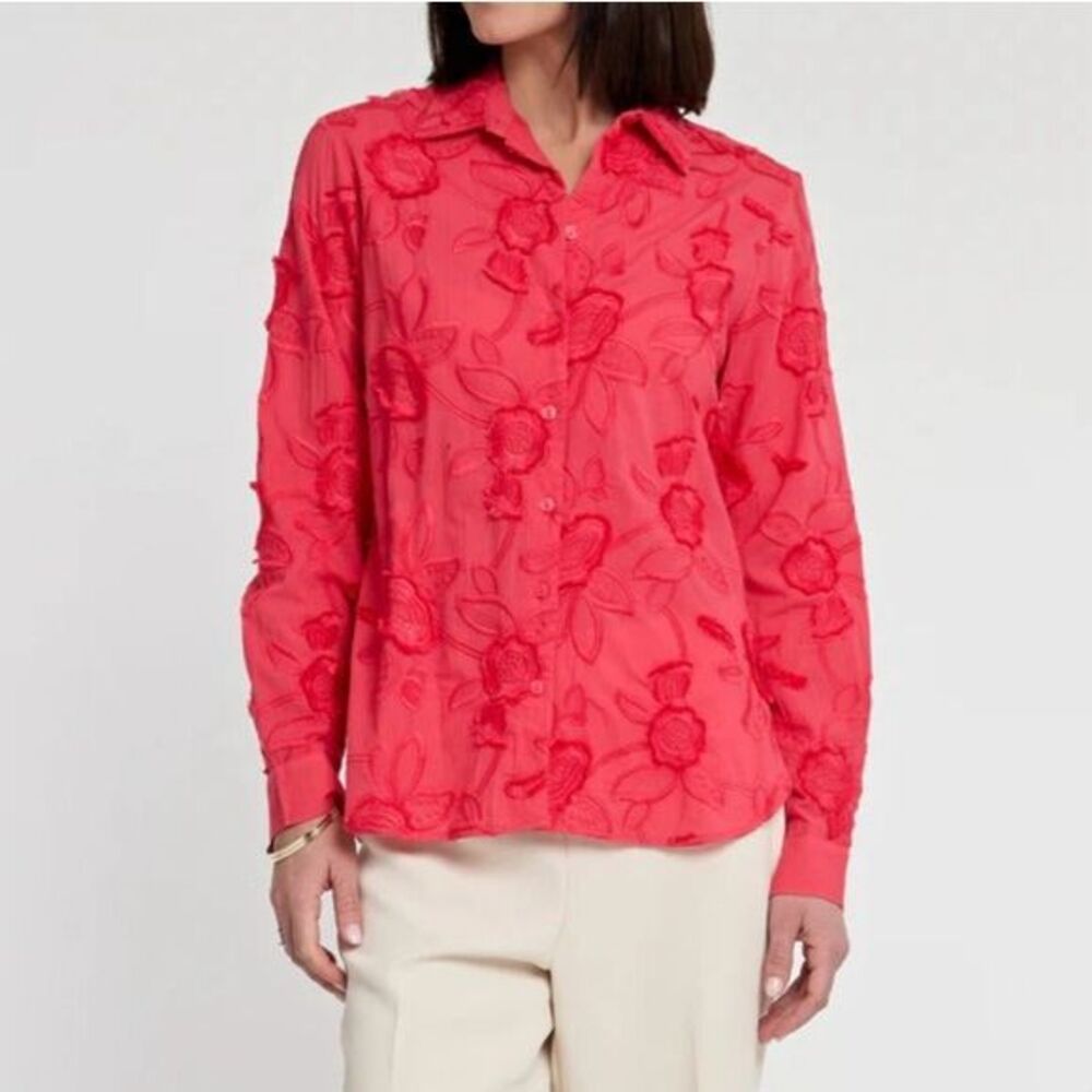 Hinson Wu Button Up Shirt Womens 1 Large Red Floral Embroidered Long Sleeve